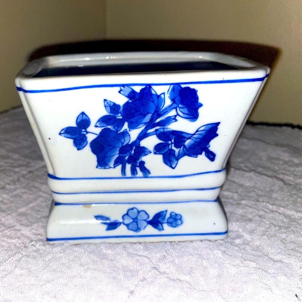 Floral Ceramic Vase with Blue Design